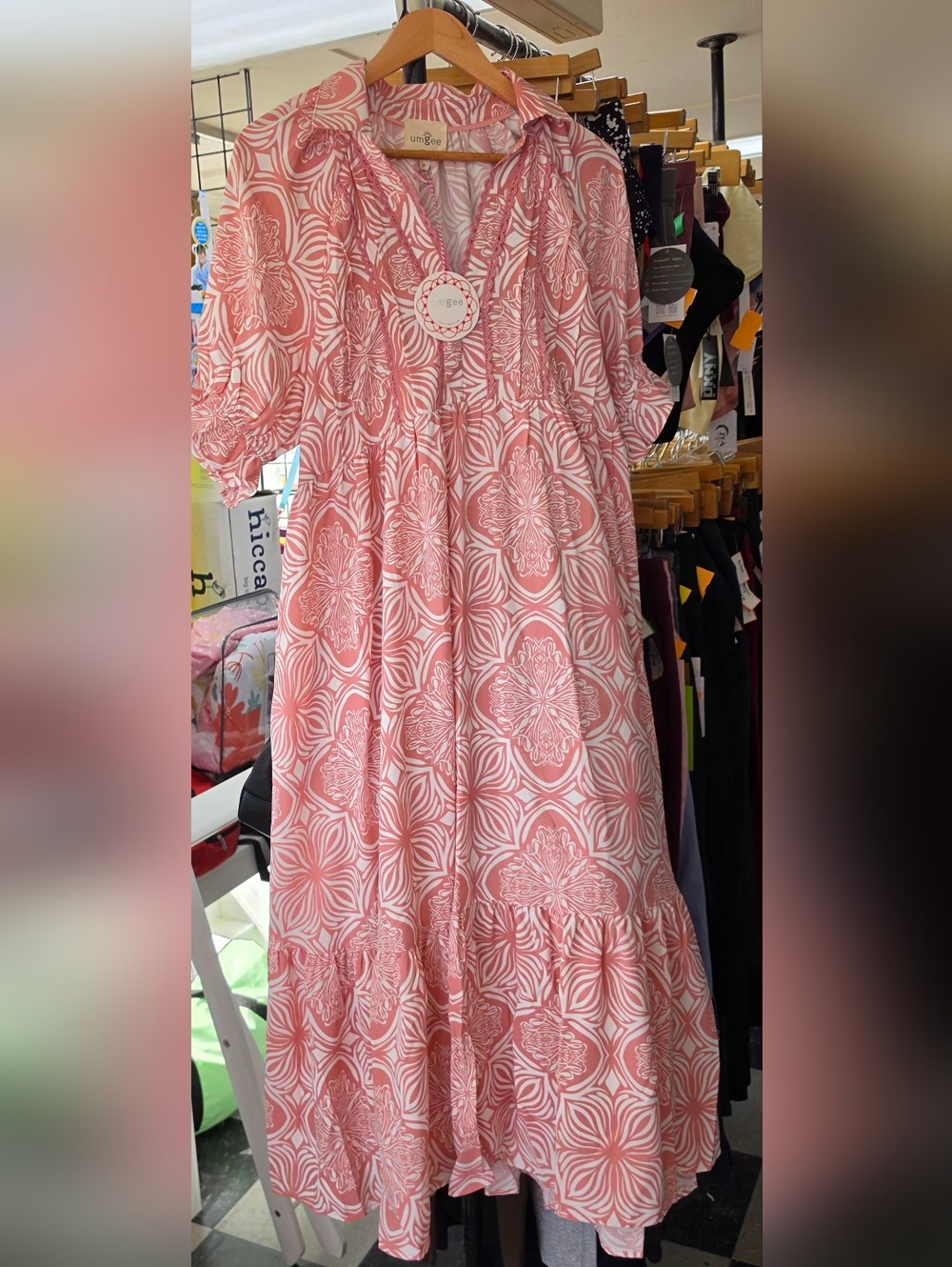 Umgee Pink & White Patterned Maxi Dress SZ m New